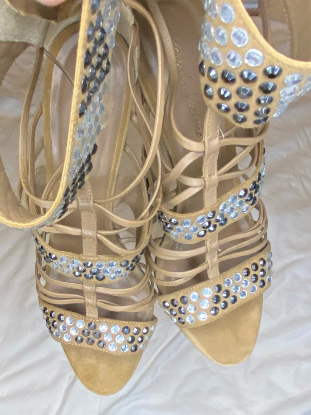 Vero Cuoio Beige Crystal-Embellished Strappy Lace-Up Heels